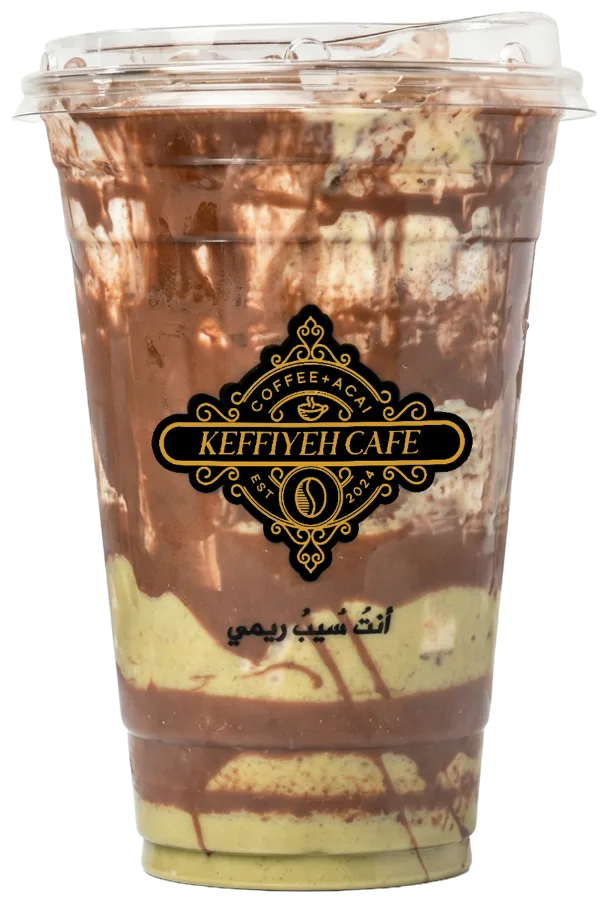 Iced Dubai latte with chocolate and pistachio layers