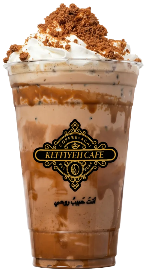 Iced Lotus latte with whipped cream and Biscoff crumble
